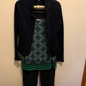 3-piece! CAbi Dark Blue  Knit Jacket (M) and Pants (10) w/colorful tank (L)